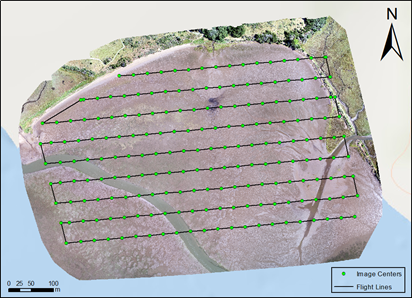 Orthomosaic of a survey site with image centers and flight lines