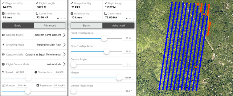 DJI GS Pro mission settings and a planned flight path over a forest