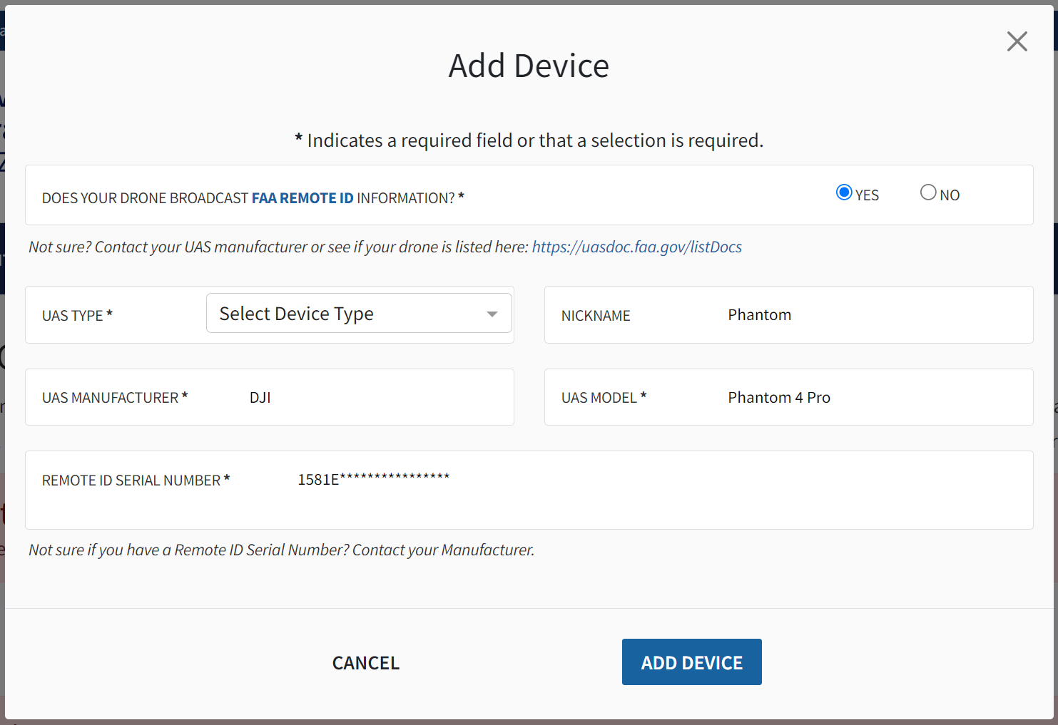 FAA DroneZone form for adding a drone with its Remote ID serial number